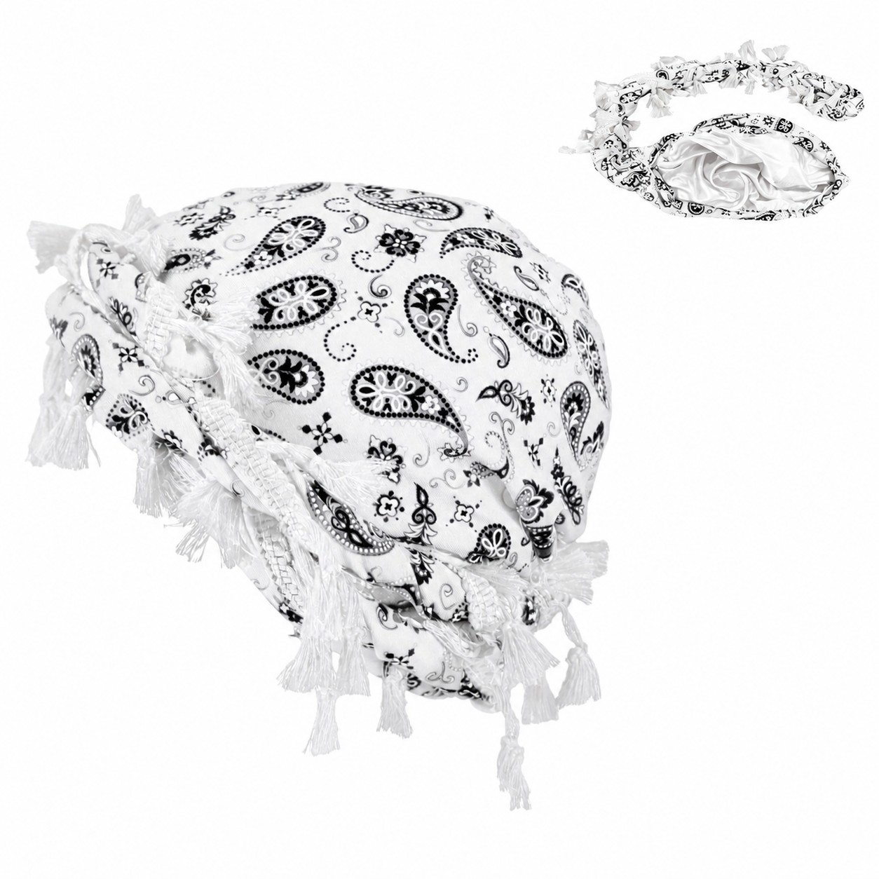 Polyester Paisley Tassel Turban Cap — White