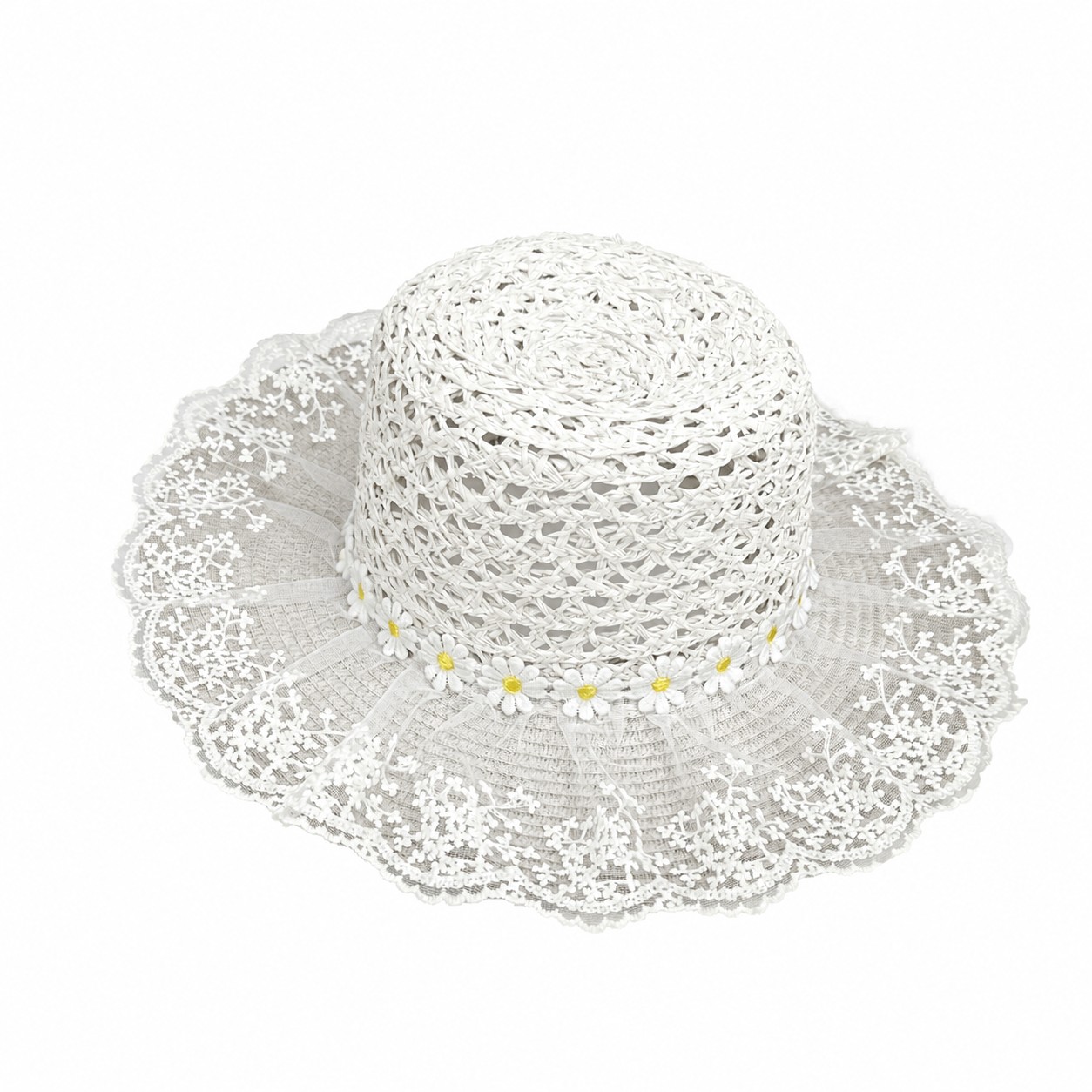Straw Daisy Lace Wide Brim Sun Hat — Off White