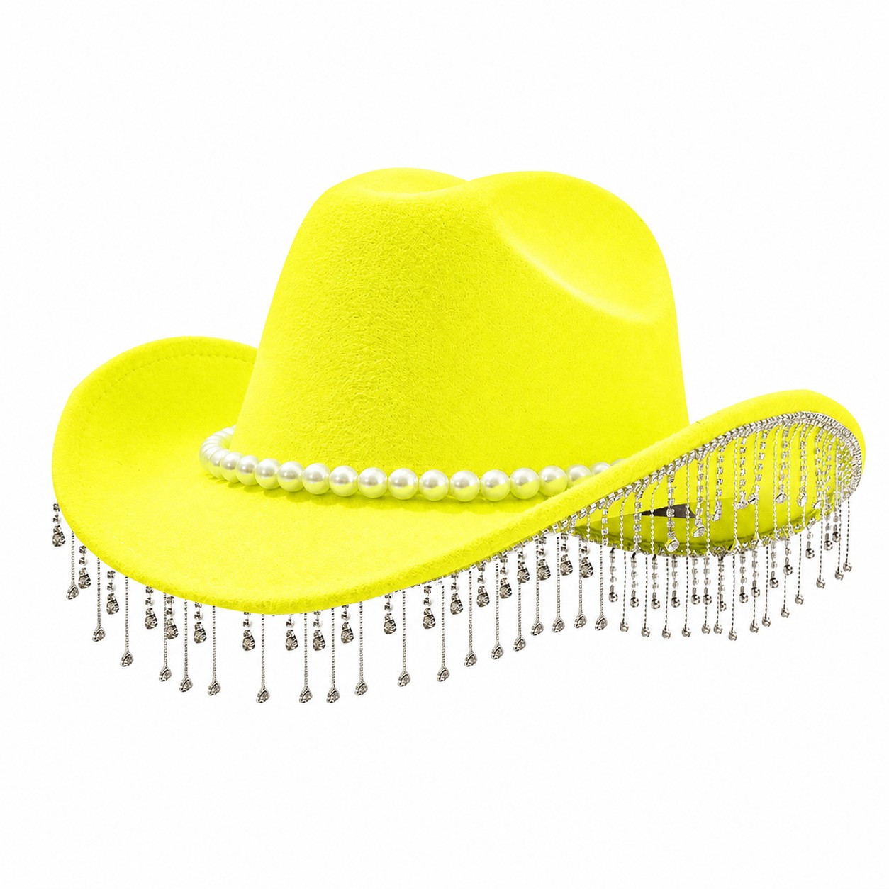 Pearl Fringe Polyester Fedora Hat — Neon Yellow