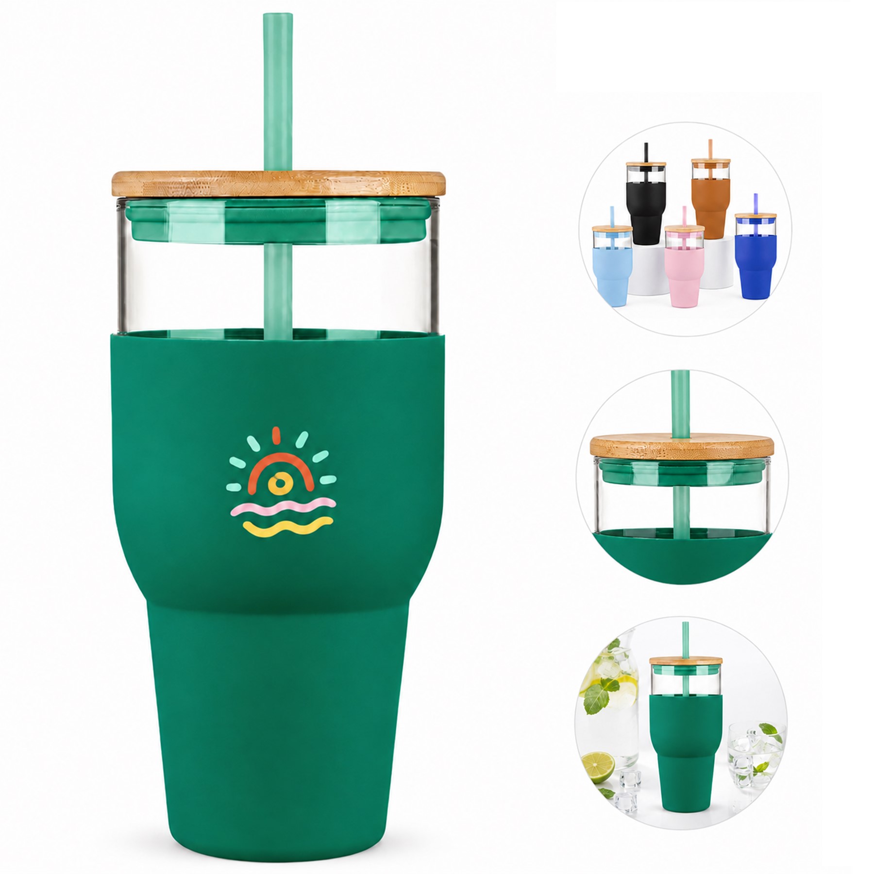 Glass Tumbler With Color Sleeve And Straw