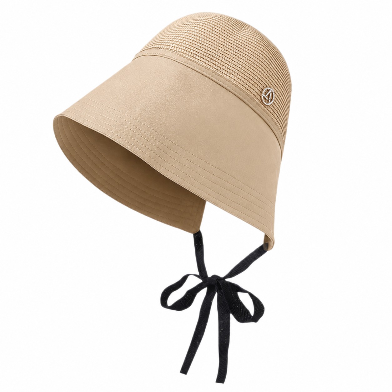Straw Fisherman Sun Hat With Chin Ties — Khaki Beige