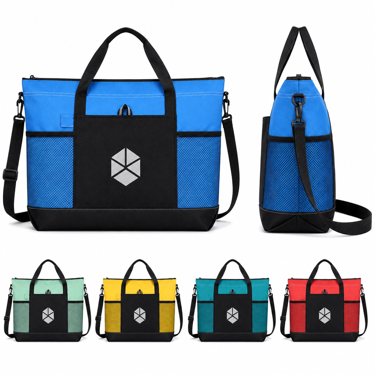 Zippered Oxford Tote With Mesh Side Pockets