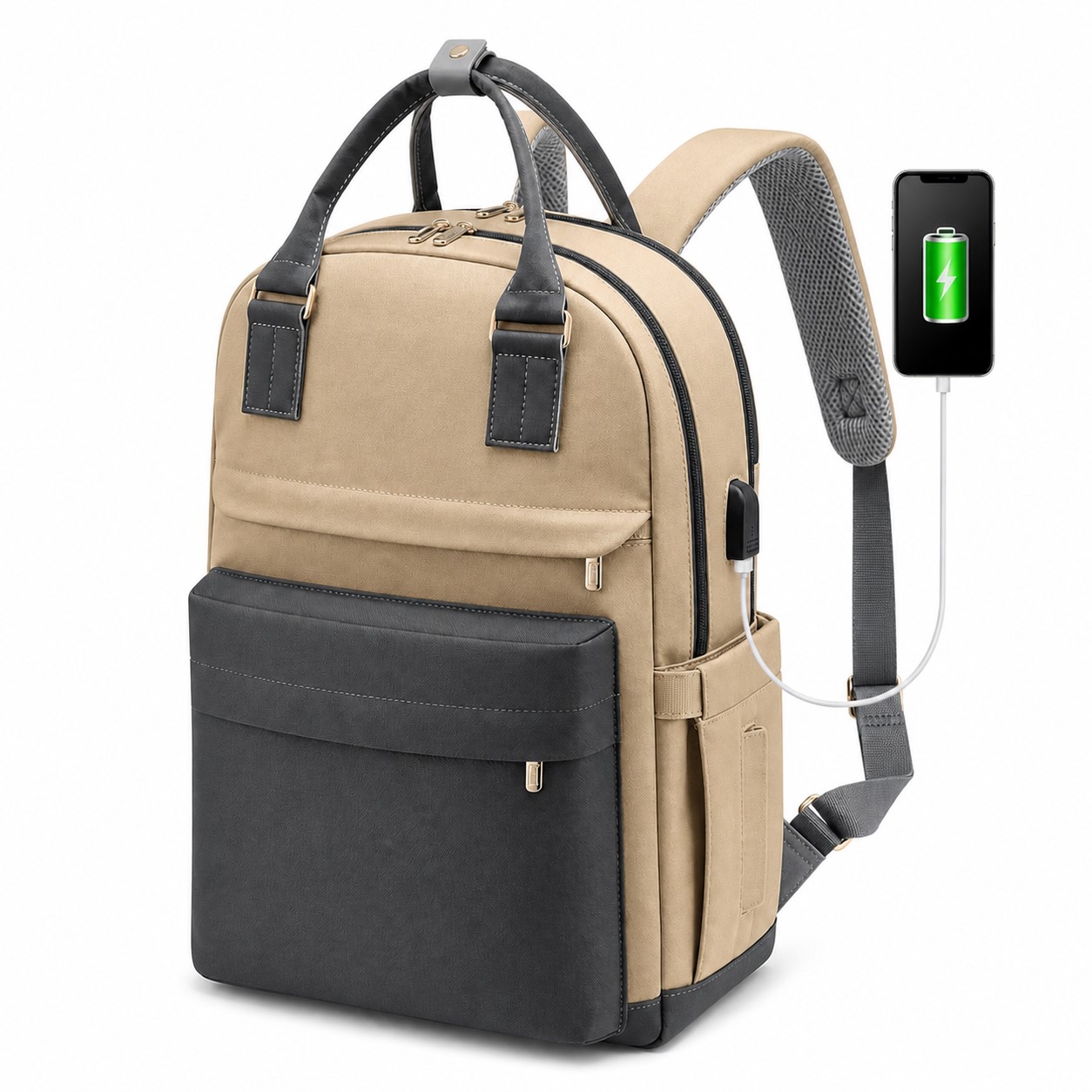 Waterproof Nylon Laptop Backpack — Khaki Beige