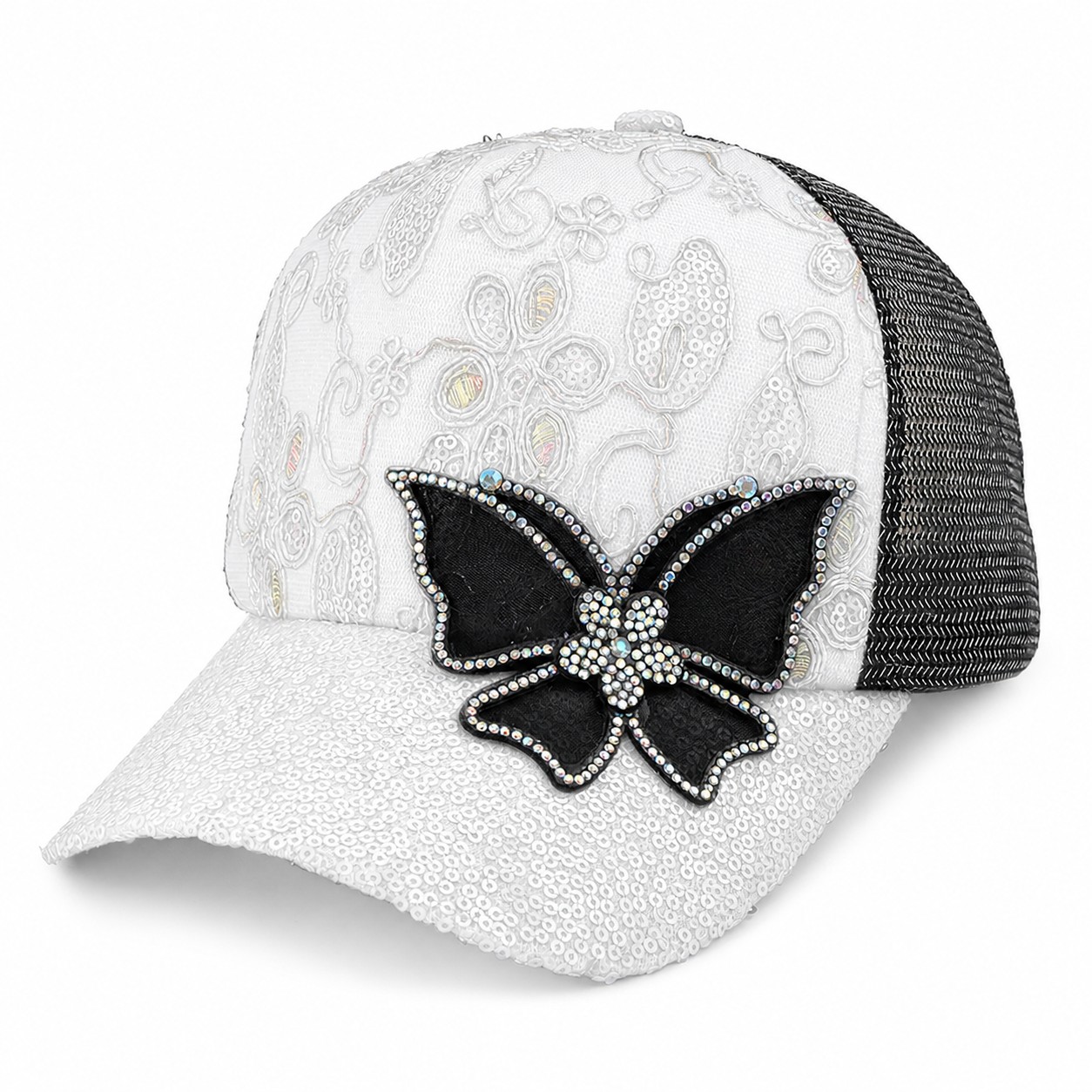 Butterfly Rhinestone Mesh Baseball Cap — White