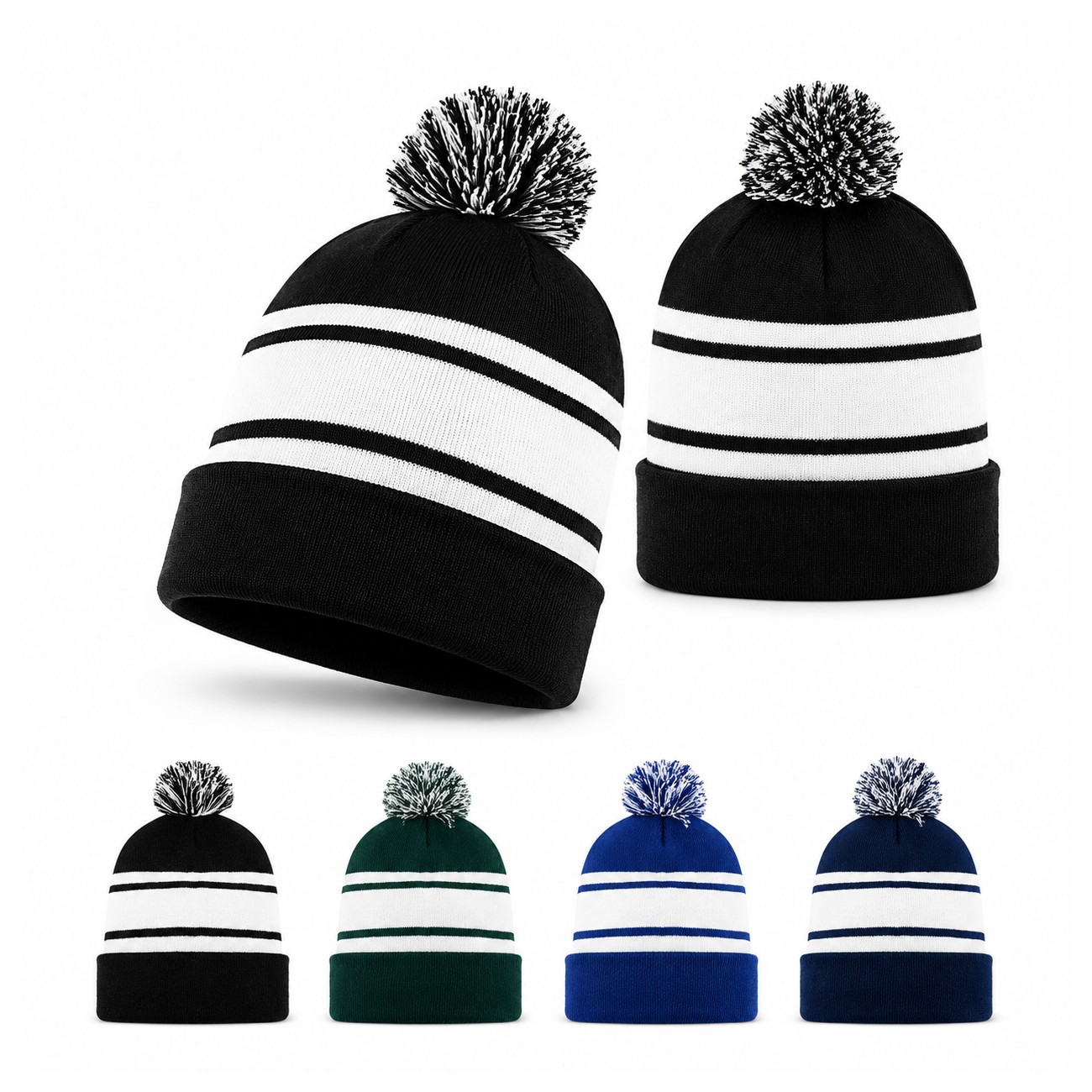 Two-Tone Knit Pom Beanie With Cuff