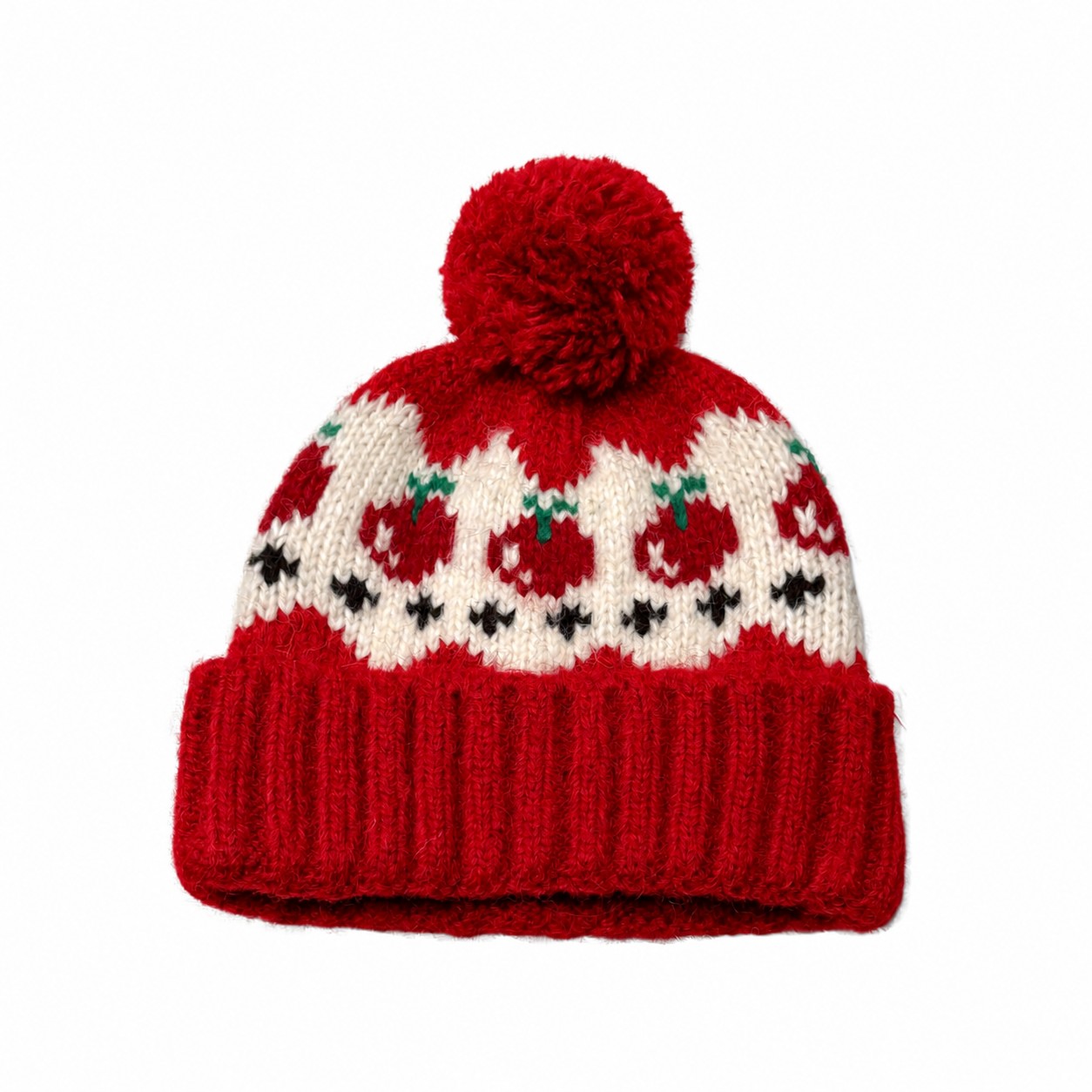 Cherry Pattern Wool Blend Beanie — Red
