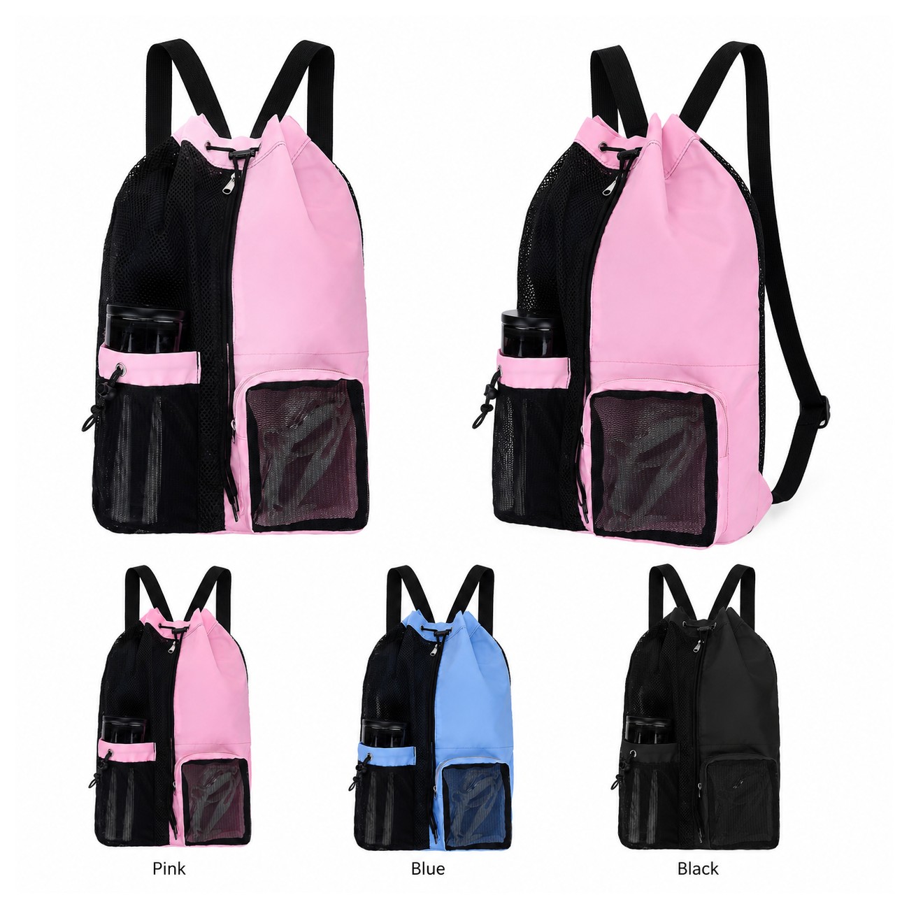Mesh Pocket Pink Drawstring Bag
