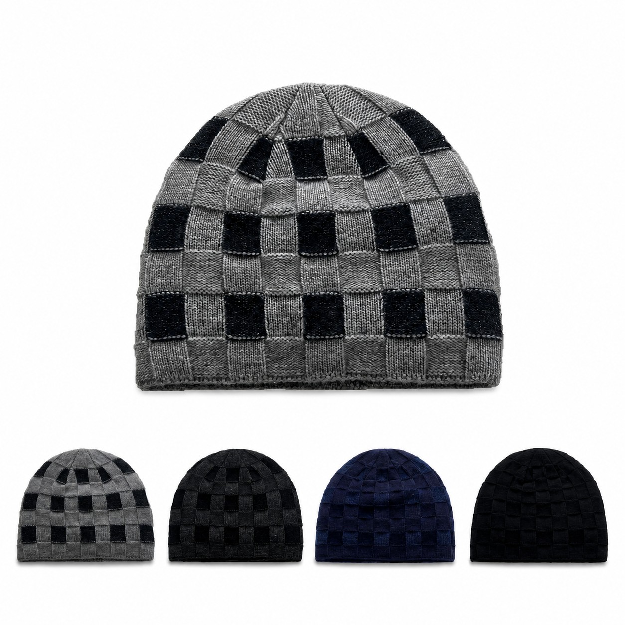 Wool Blend Checkerboard Knit Beanie