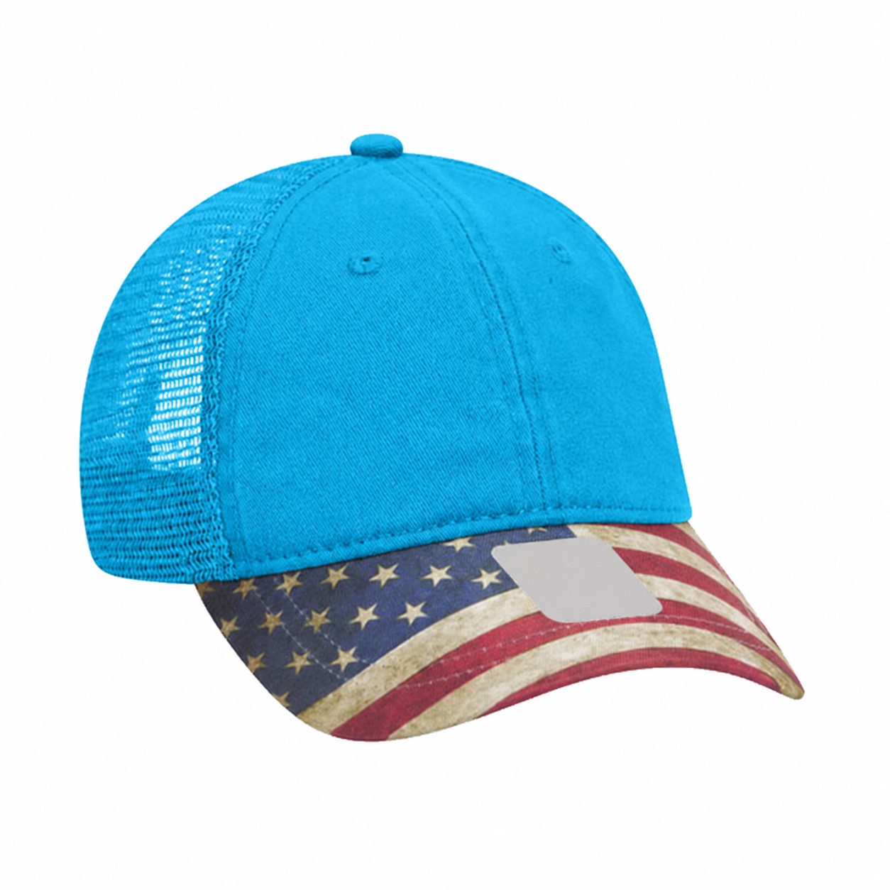 Cotton Twill Flag Brim Trucker Cap — Cyan Blue