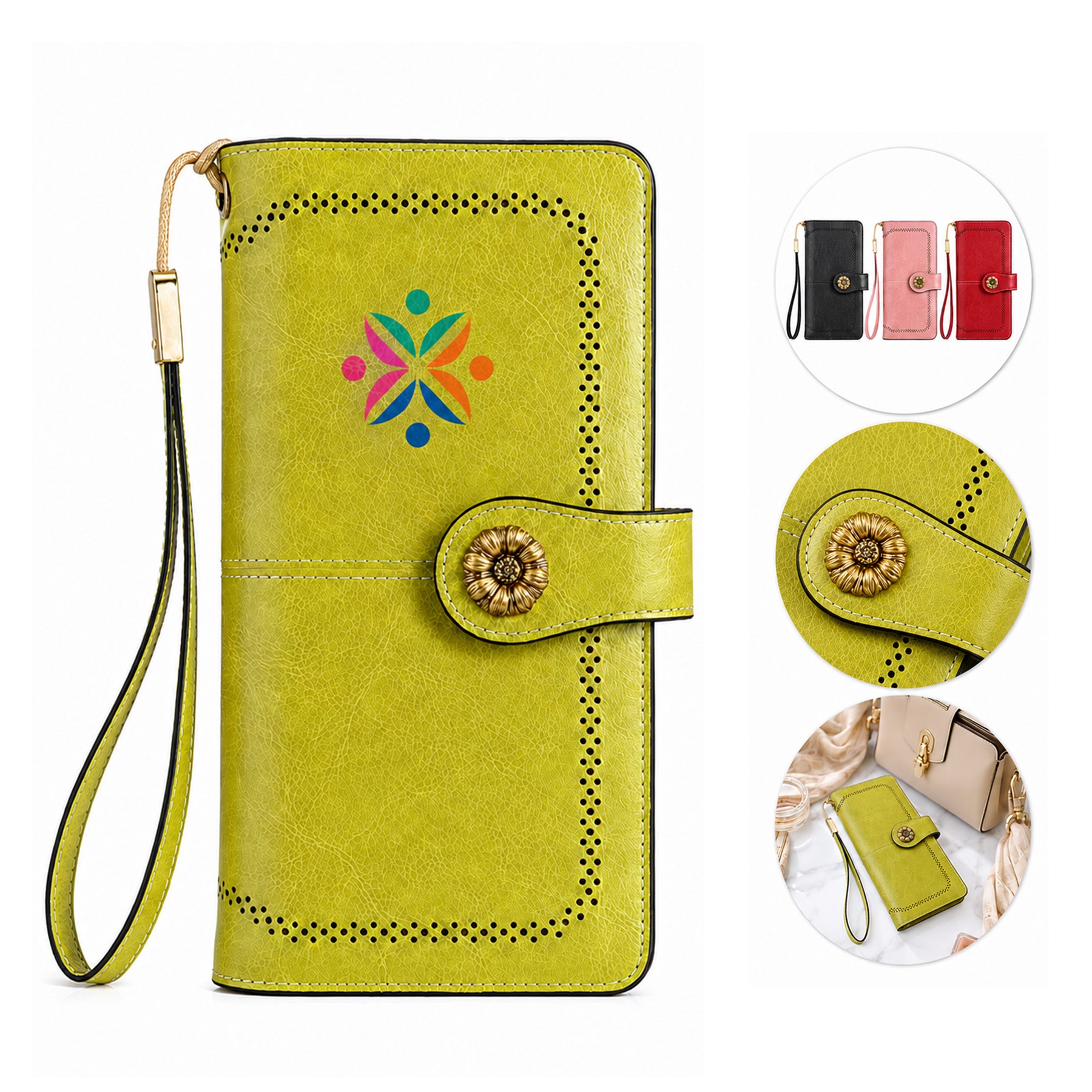 Women's Leather Floral Snap Wristlet Wallet — view 1