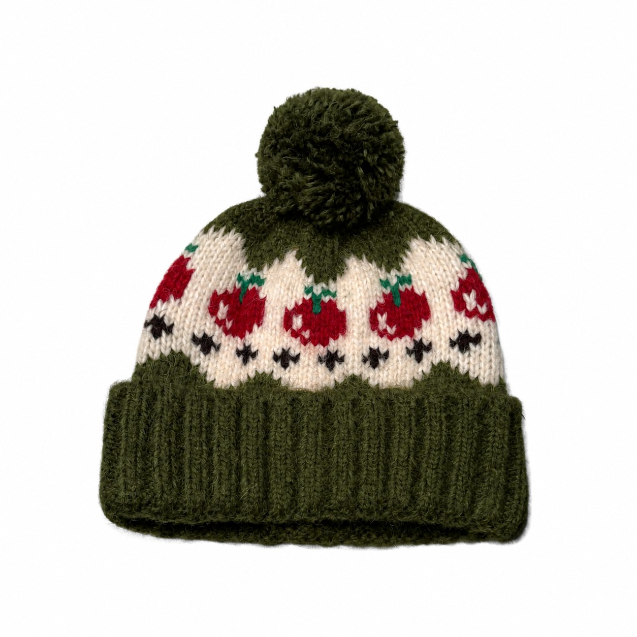 Cherry Pattern Wool Blend Beanie — Coffee Green