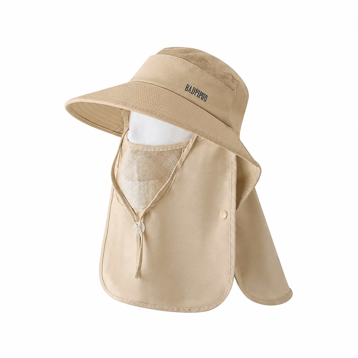 Polyester Sun Hat With Neck Drape — Beige