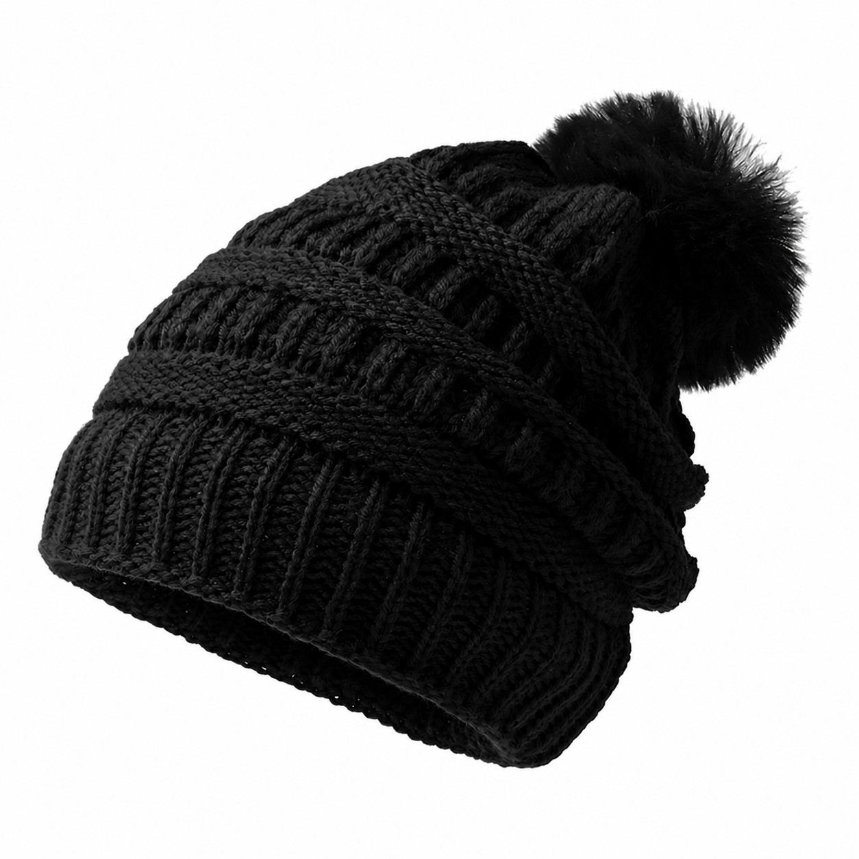 Ribbed Acrylic Pom Beanie Hat — Black