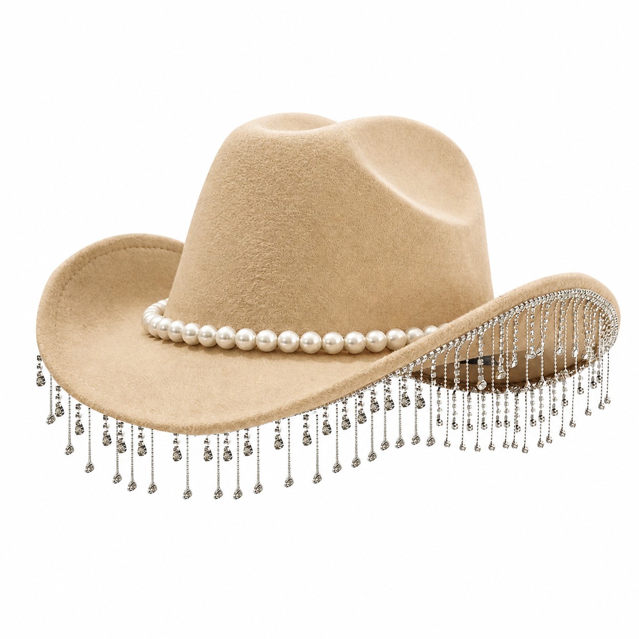 Pearl Fringe Polyester Fedora Hat — Khaki Beige