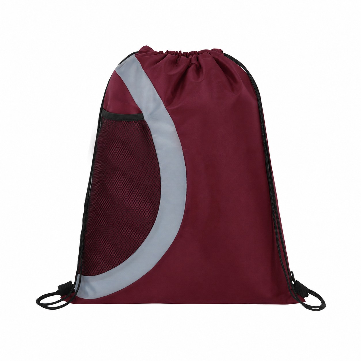 Mesh Pocket 210D Polyester Drawstring Bag — Burgundy Red