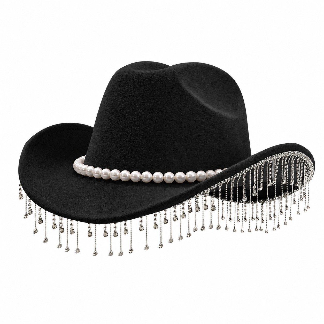 Pearl Fringe Polyester Fedora Hat — Black