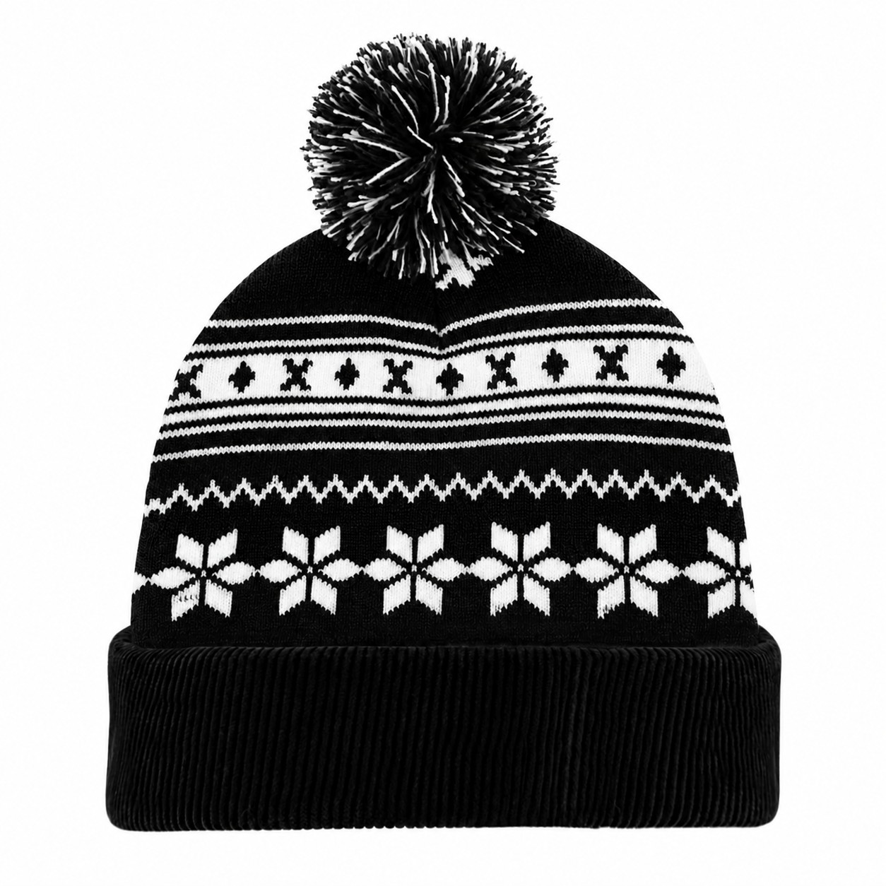 Jacquard Polyester Pom Beanie — Black