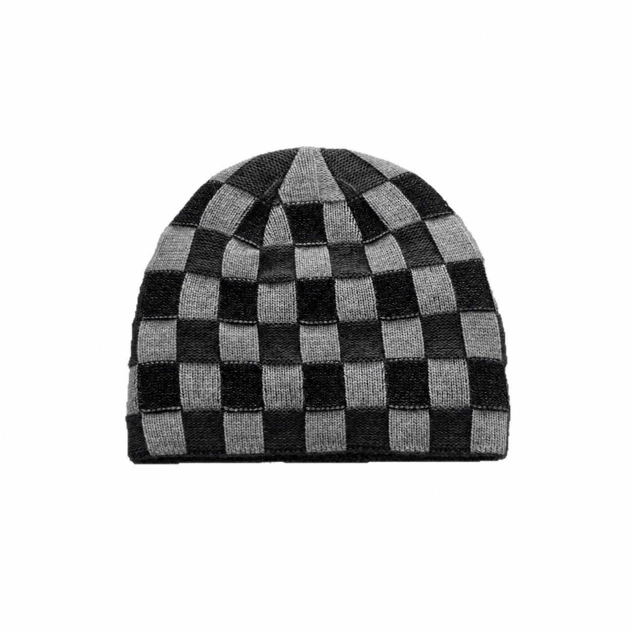 Wool Blend Checkerboard Knit Beanie — Black/Gray