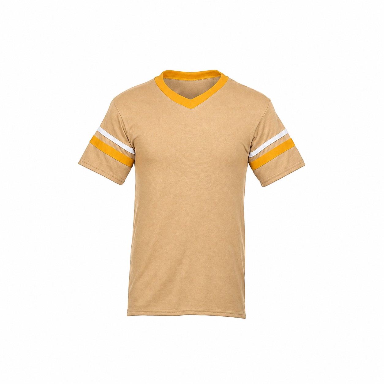 Stripe Trim Cotton Polyester V Neck Shirt — Tan Beige