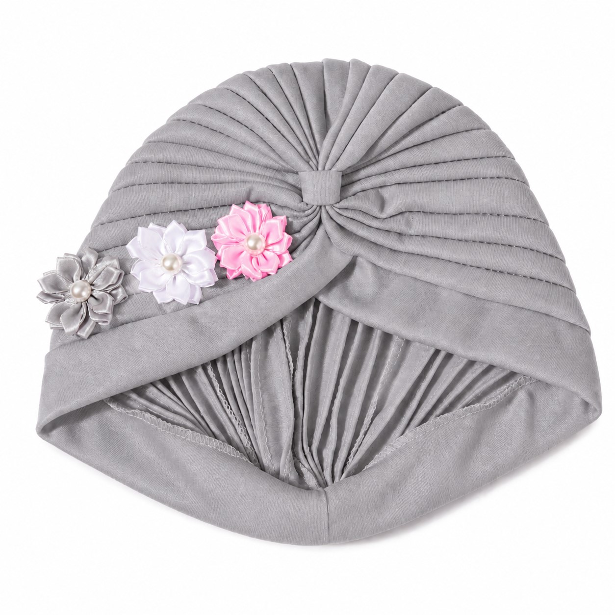 Pleated Polyester Floral Turban Wrap — Gray