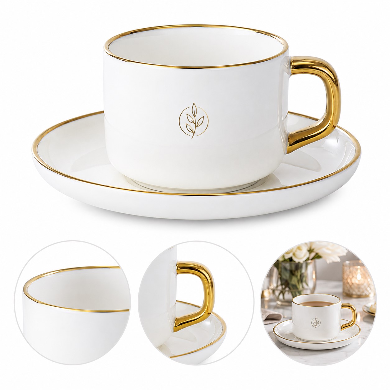 Gold Rim 8 Oz Ceramic Cup And Saucer