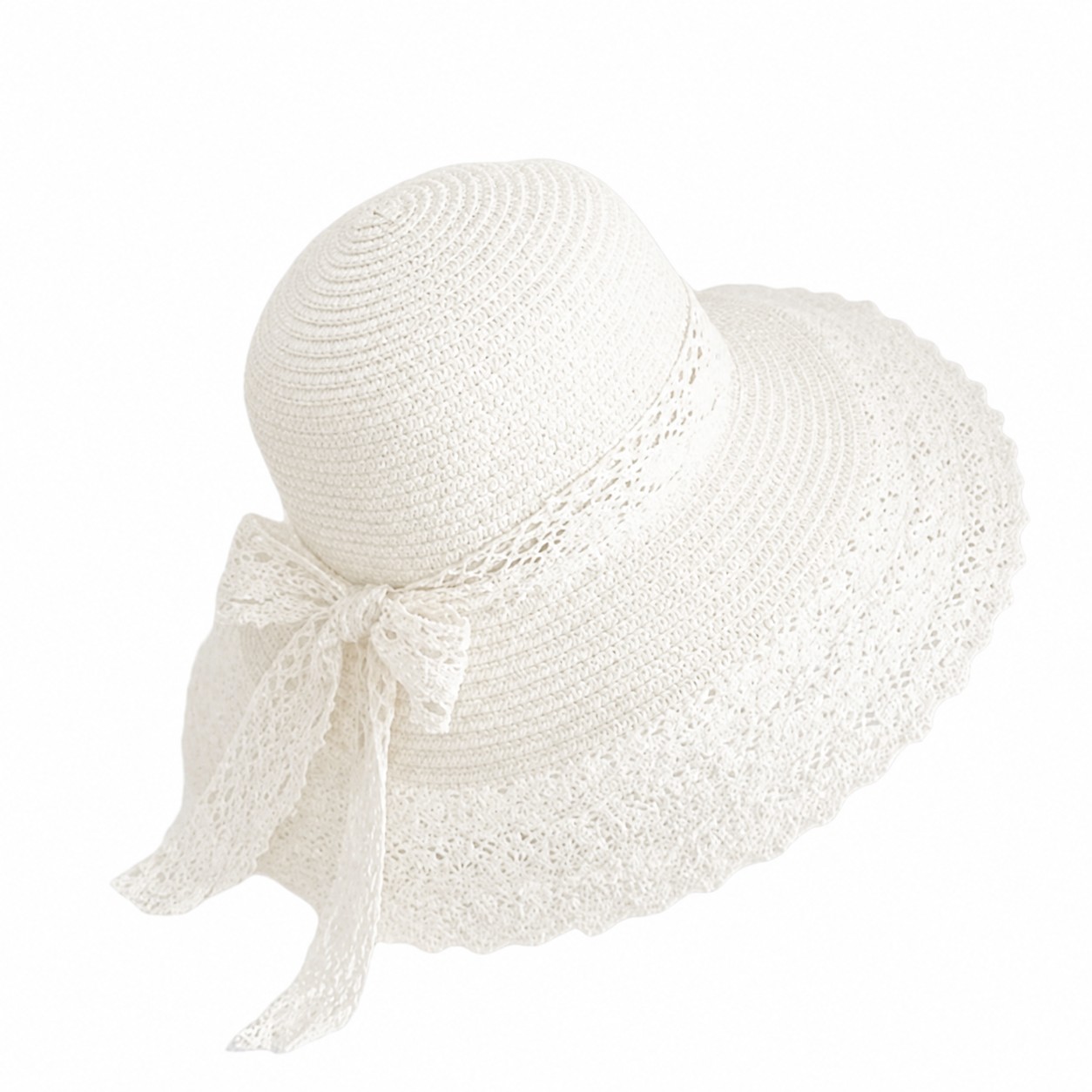 Lace Trim Straw Beach Hat — Off White