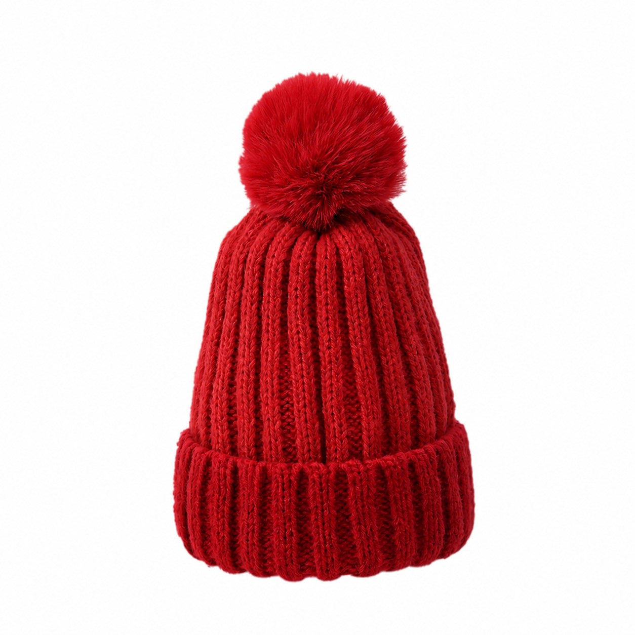 Polyester Rib Cuff Pom Beanie — Red