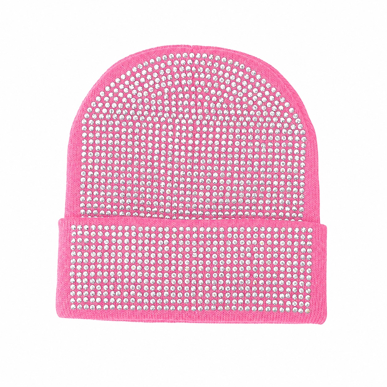 Rhinestone Polyester Cuffed Beanie — Pink