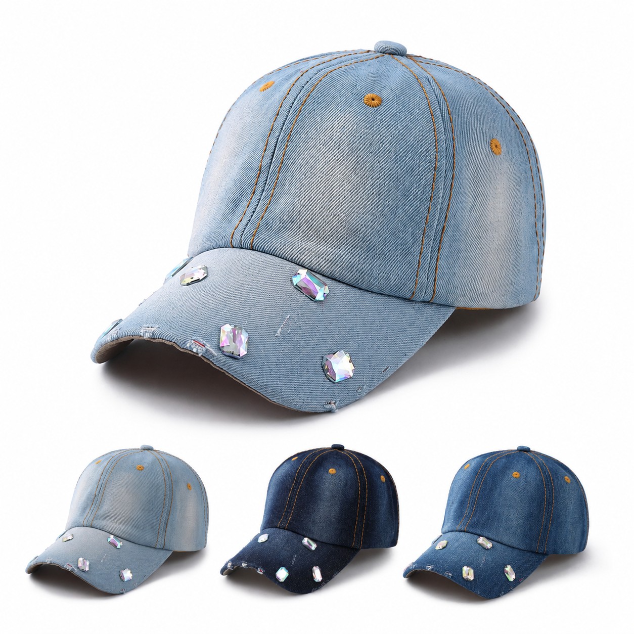 Jeweled Polyester Denim Look Baseball Cap