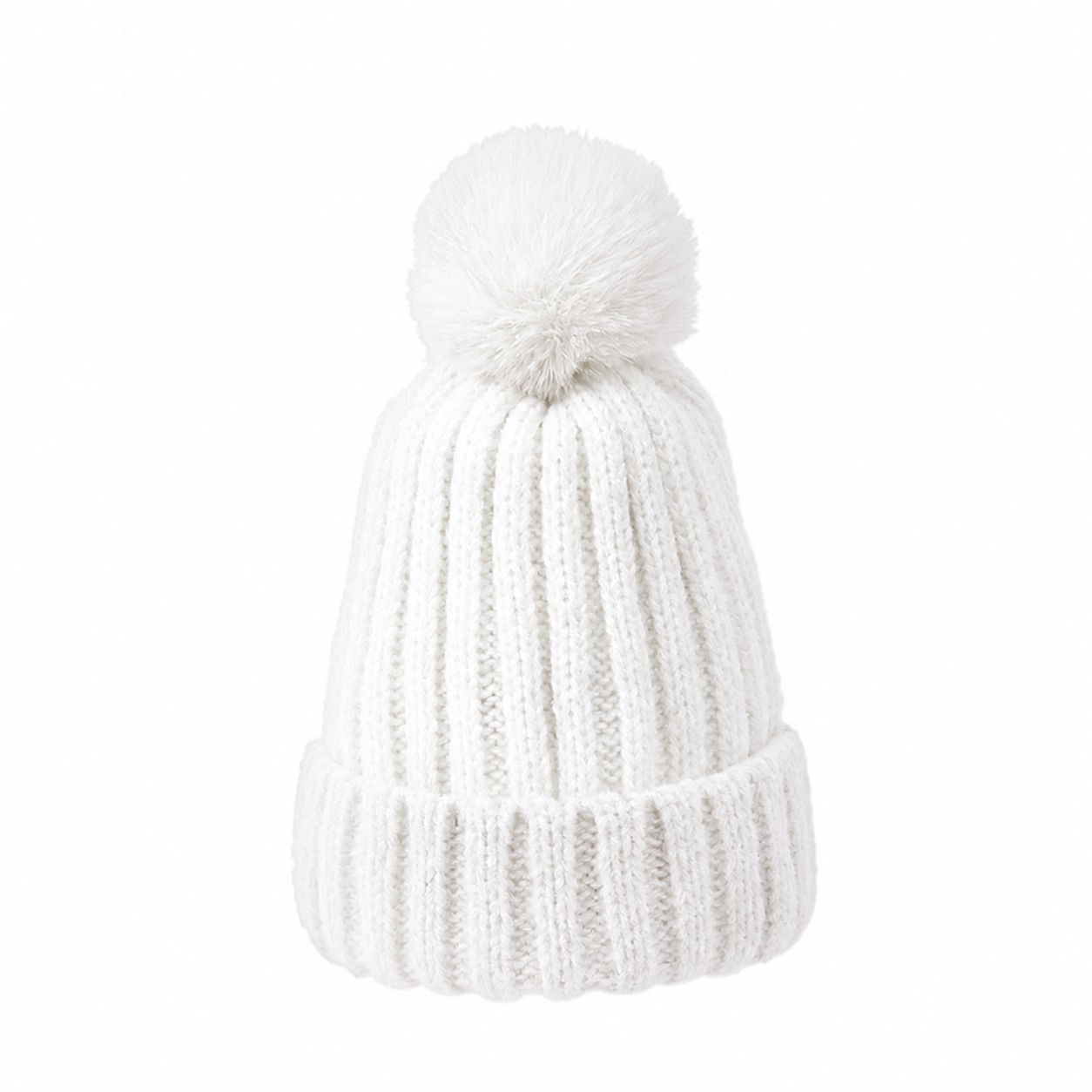 Polyester Rib Cuff Pom Beanie — White