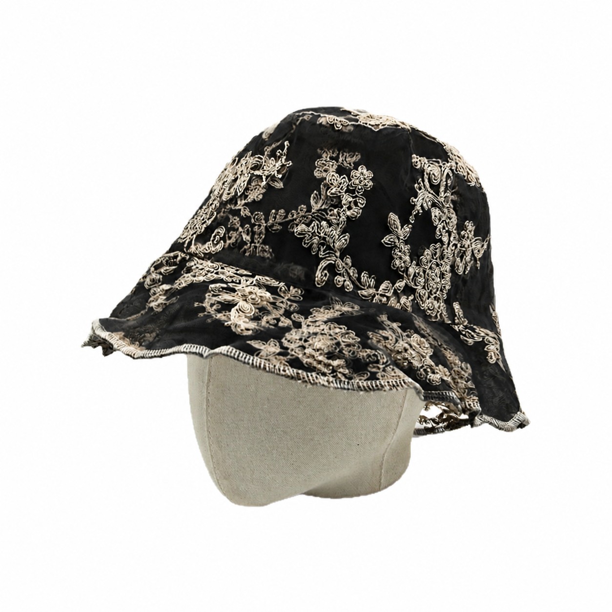 Polyester Floral Lace Bucket Hat — Black