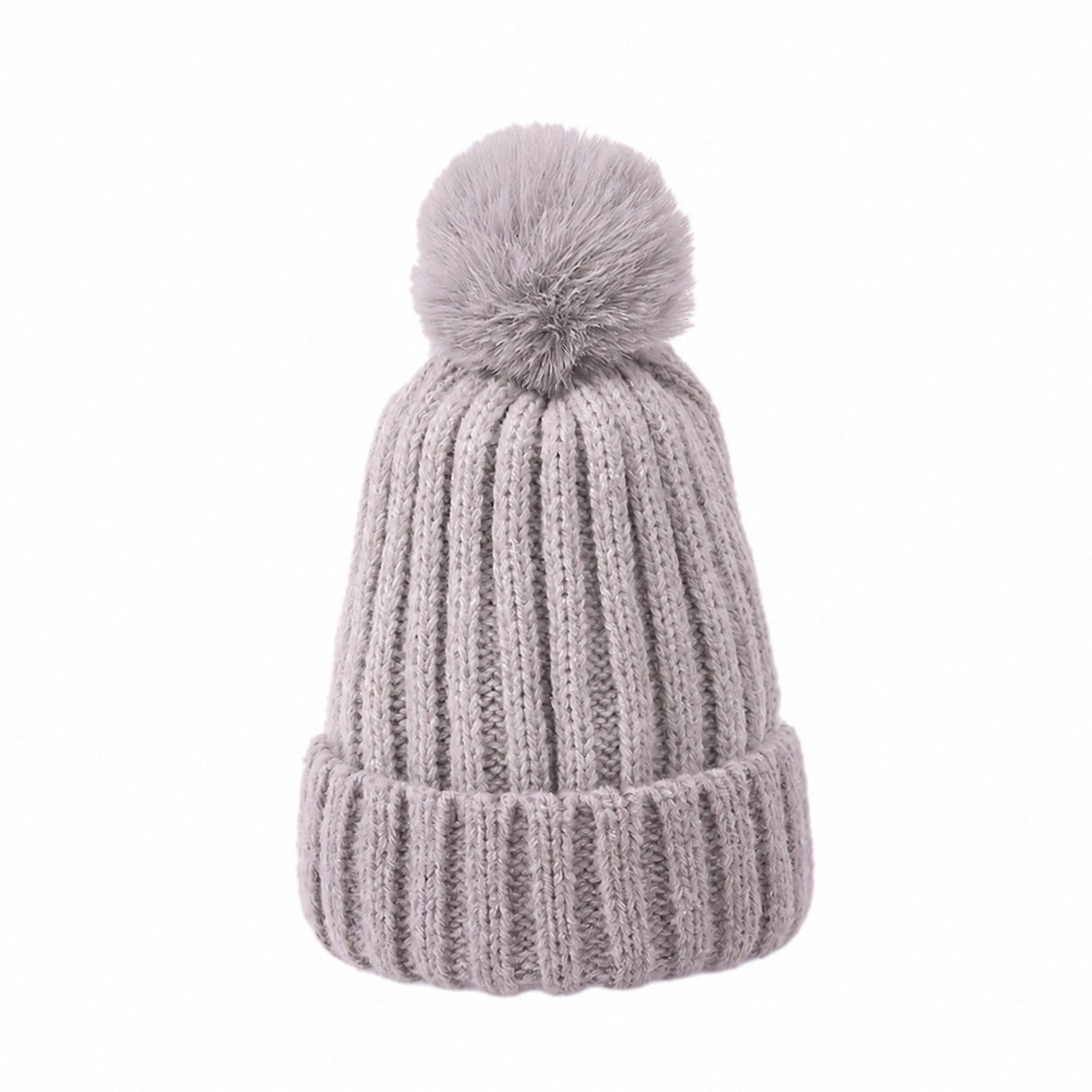 Polyester Rib Cuff Pom Beanie — Pinkish Gray