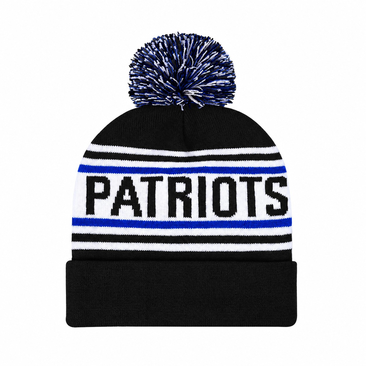 Acrylic Jacquard Knit Pom Beanie — Black/White/Royal Blue