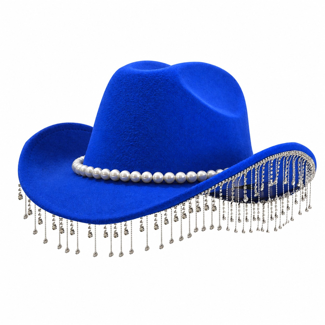 Pearl Fringe Polyester Fedora Hat — Royal Blue