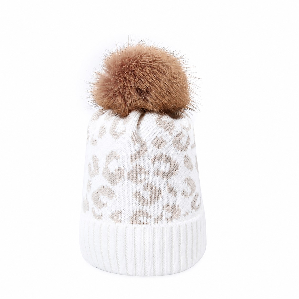 Leopard Print Polyester Pom Beanie — White