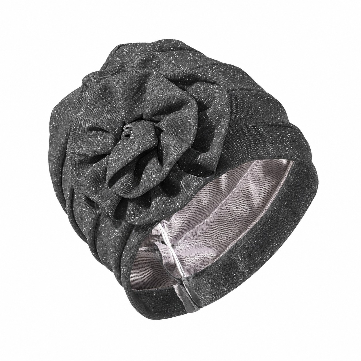 Shimmer Polyester Flower Turban Hat — Dark Gray