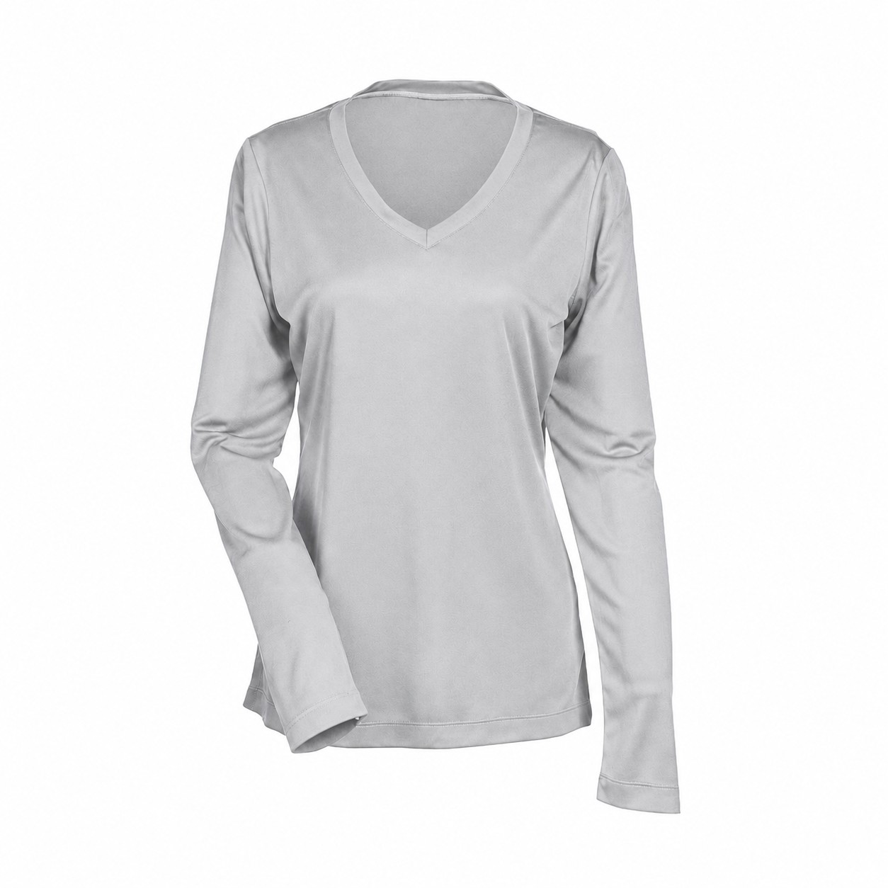 Ladies' Polyester Long-Sleeve V-Neck Shirt — Silver