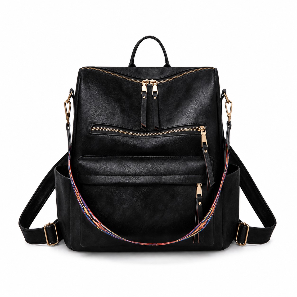 PU Leather Backpack Purse With Strap — Black