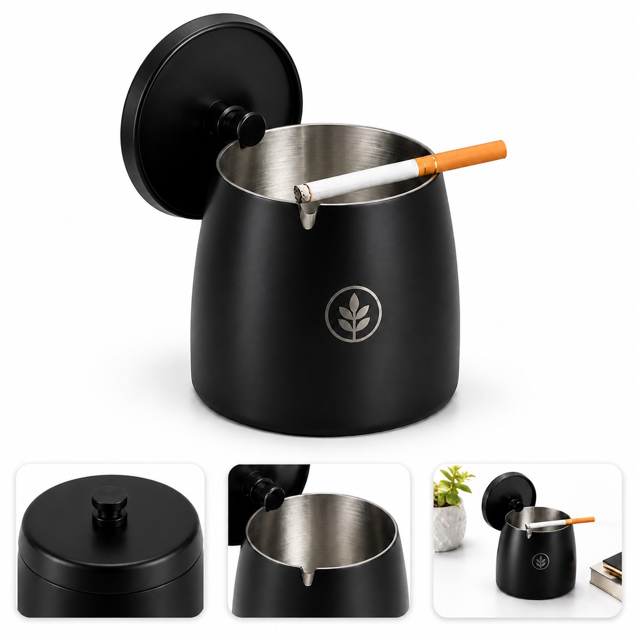 Tapered Stainless Steel Ashtray With Cover