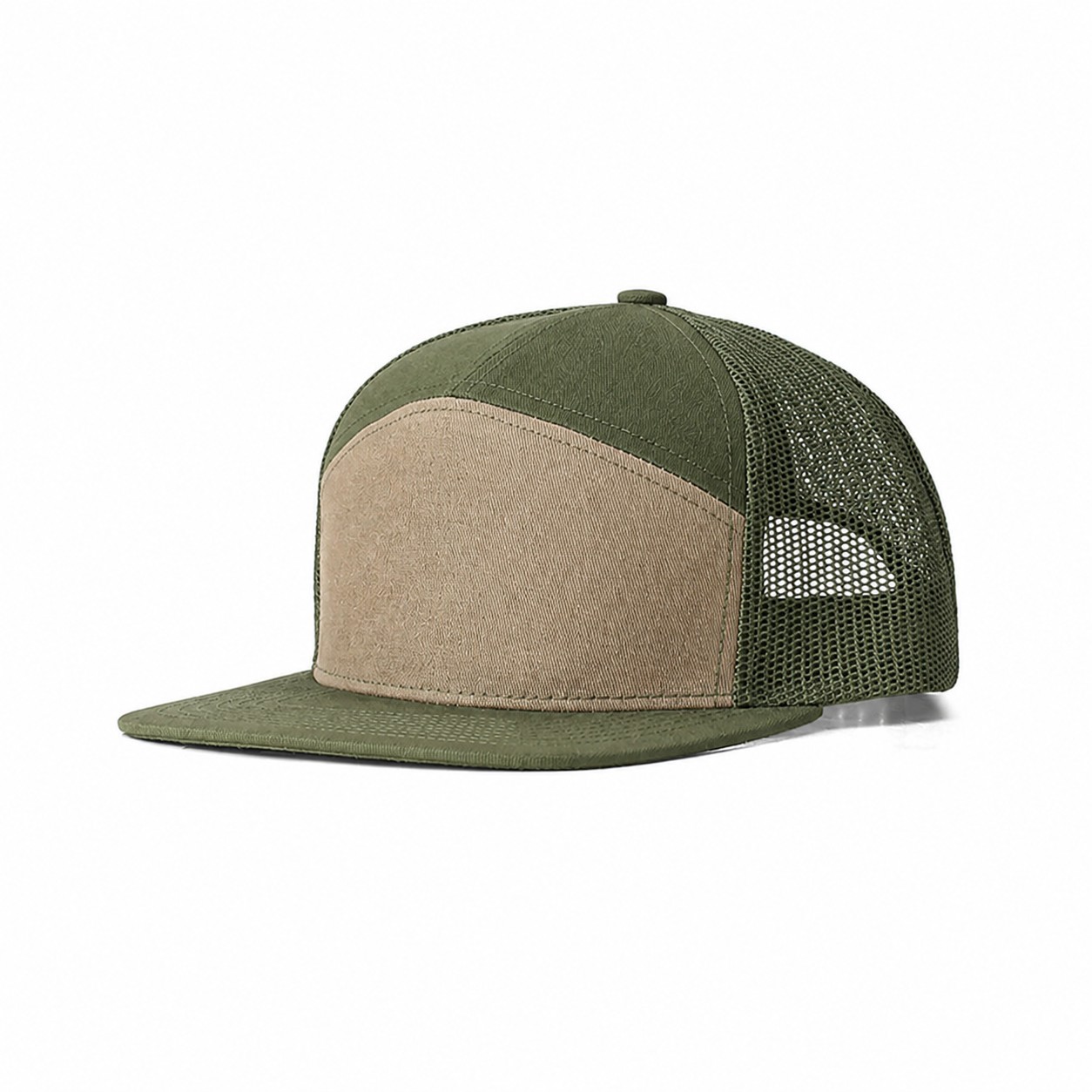 Cotton Seven Panel Trucker Cap — Khaki Beige/Army Green
