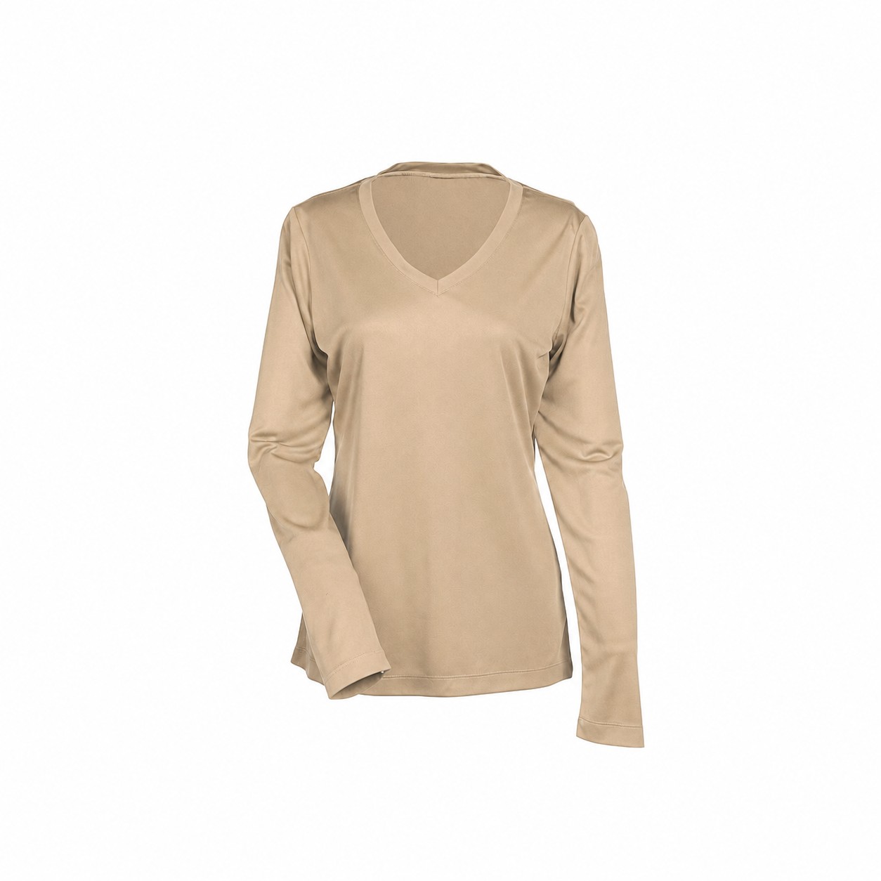 Ladies' Polyester Long-Sleeve V-Neck Shirt — Tan Beige