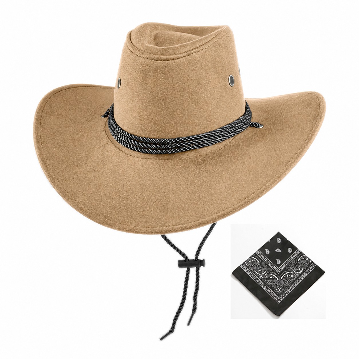 Spandex Cowboy Hat With Bandana — Dark Khaki Beige