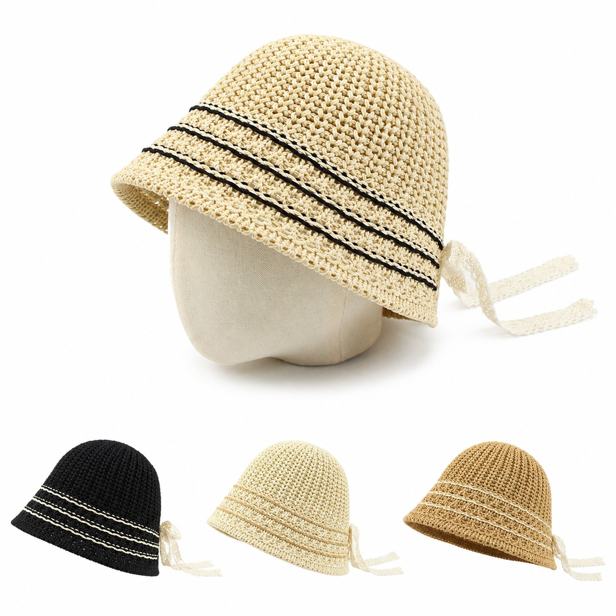 Ribbon Tie Straw Bucket Hat