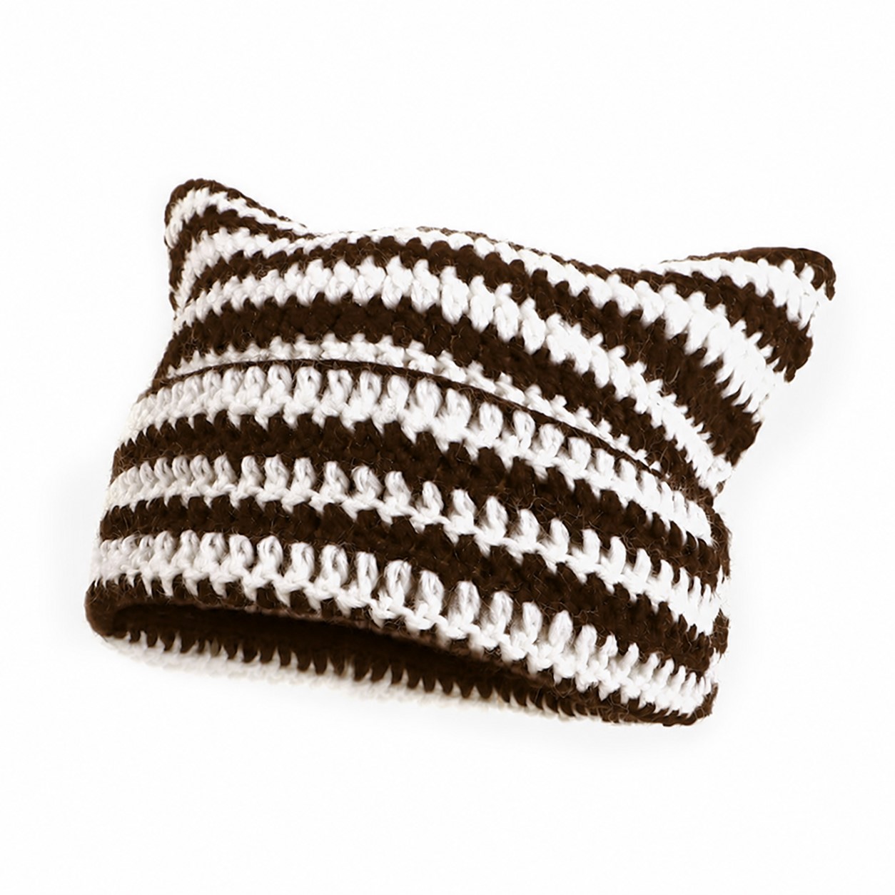 Striped Acrylic Crochet Beanie Hat — Coffee Brown