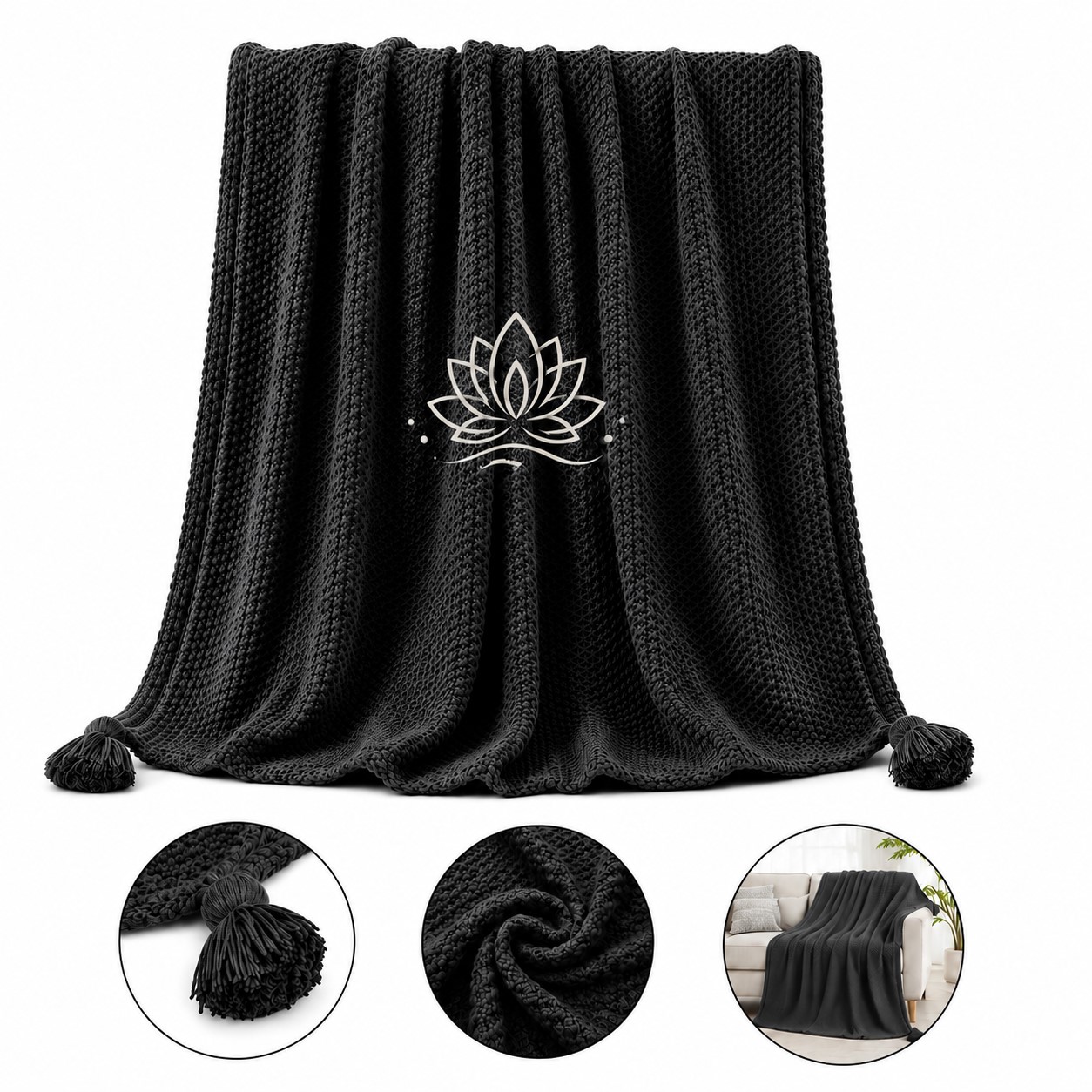Polyester Knit Throw Blanket With Corner Tassels