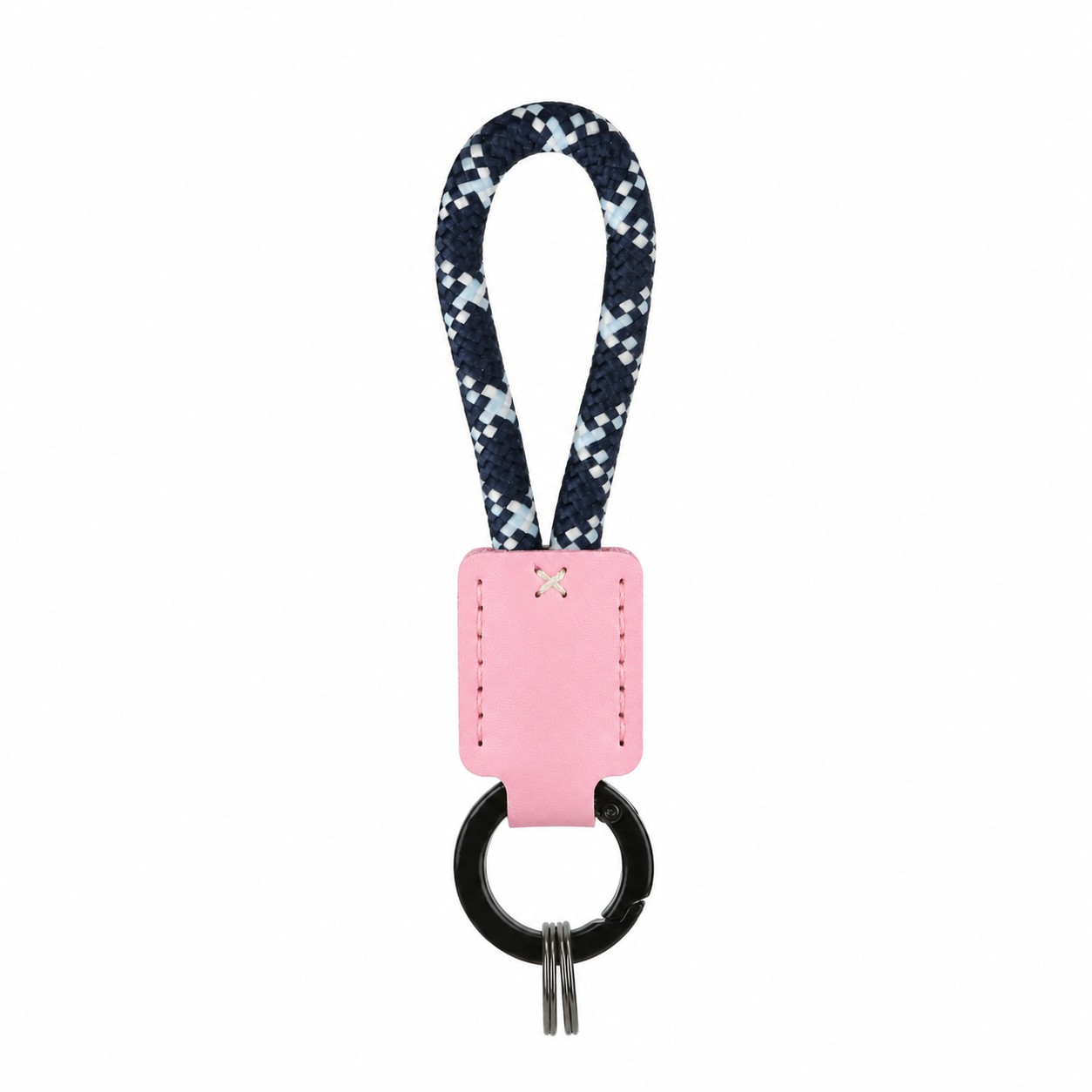 Braided Rope Leather Keychain — White/Pink