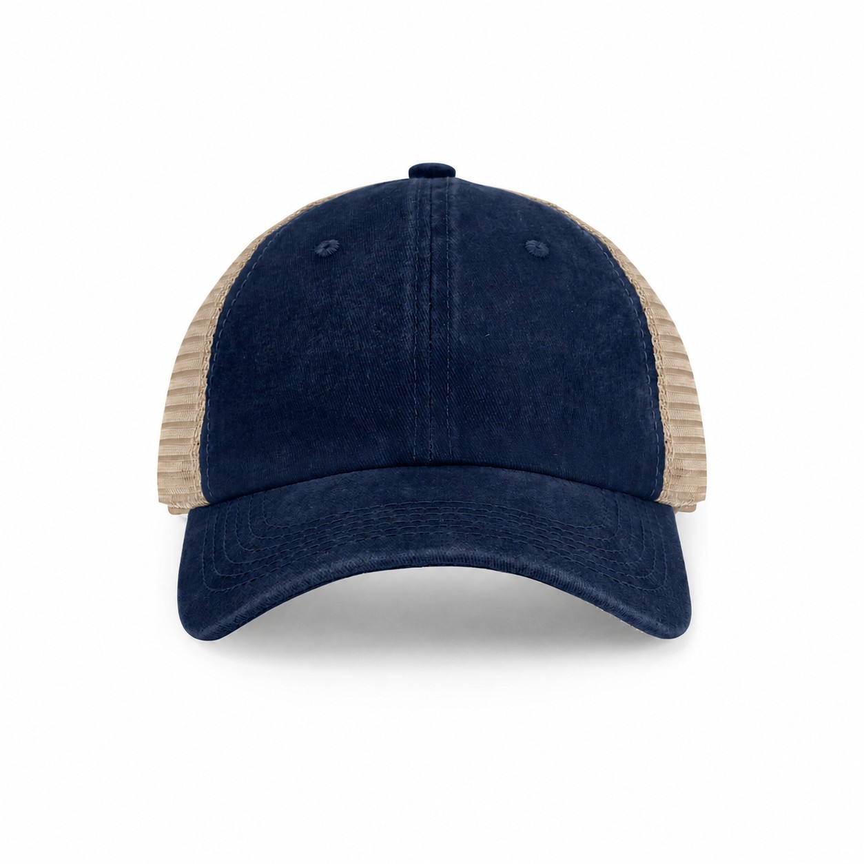 Pigment Dyed Mesh Trucker Cap — Navy Blue/Khaki Beige