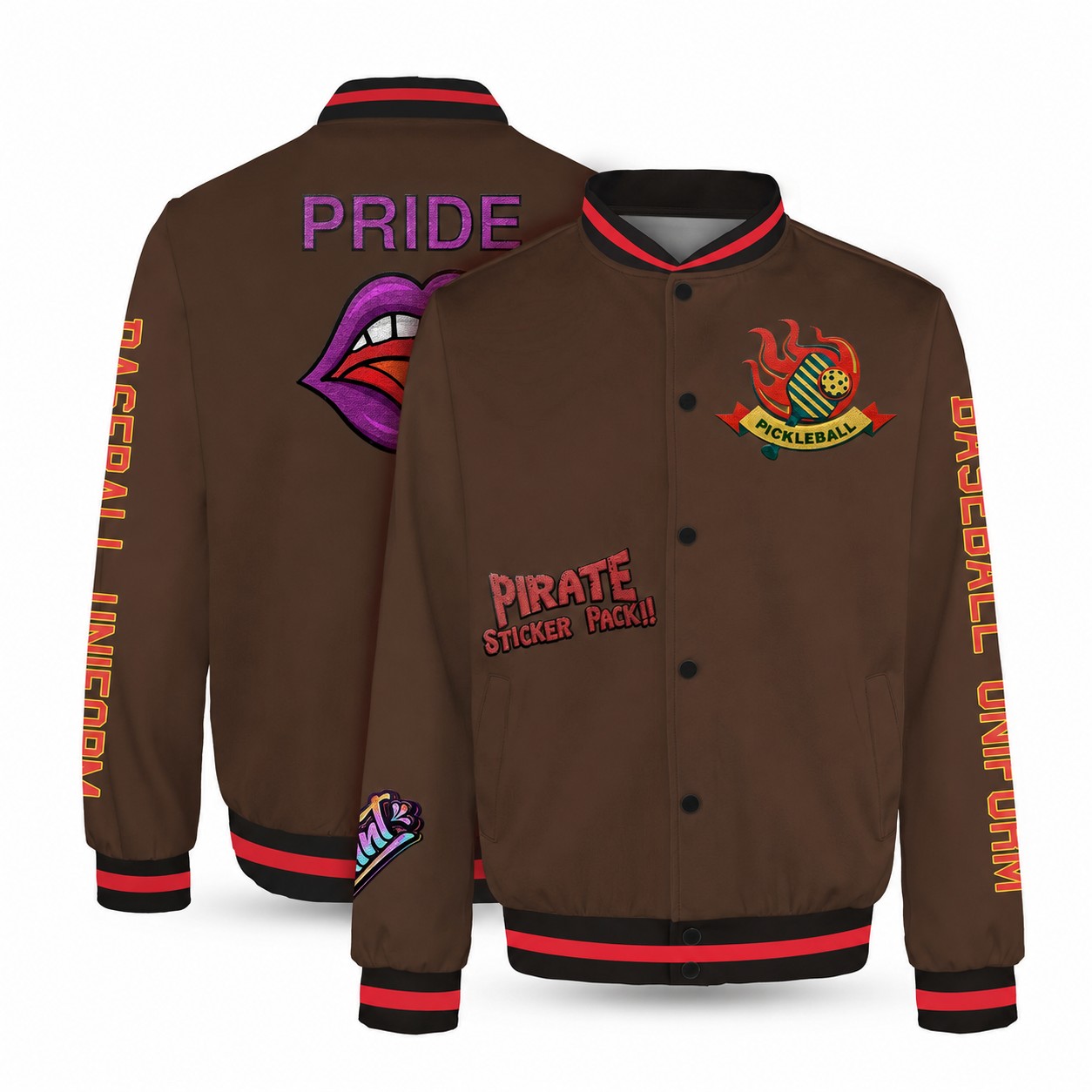 Button-Front Polyester-Spandex Varsity Jacket — Brown