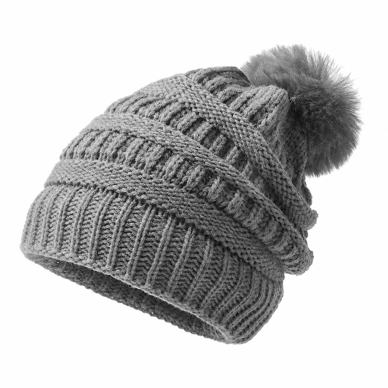 Ribbed Acrylic Pom Beanie Hat — Gray