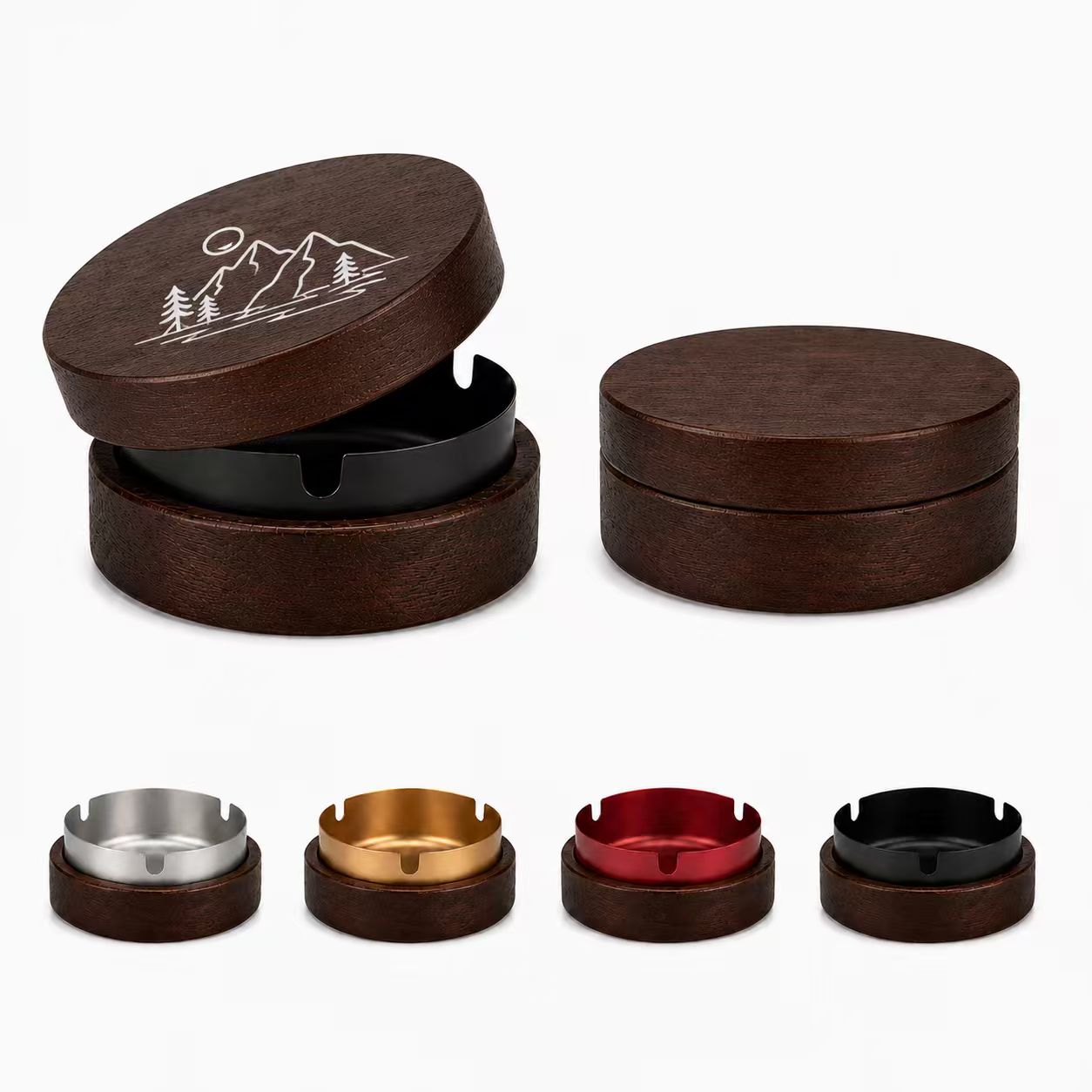 Lidded Wood Ashtray With Stainless Steel Insert